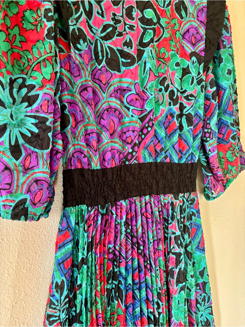Diane Freis 1980s Dress L XL Colorful Floral Geometric Pleated Midi Maximalist - Picture 7 of 13